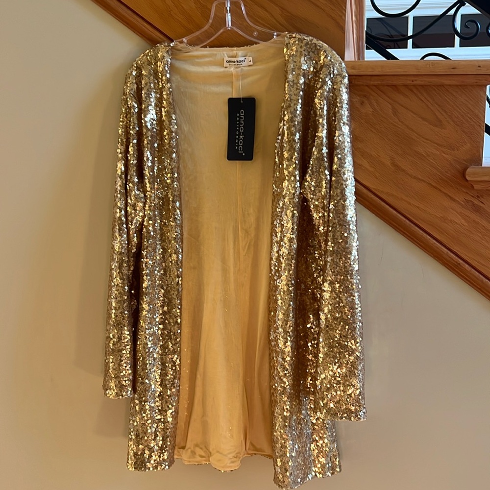 Anna-Kaci California Gold Sequined Lined Jacket Size Large New With Tag